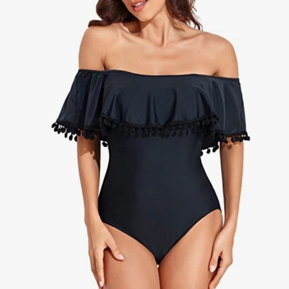 Tempt Me Black One Piece Pom Pom Ruffle Swimsuit Off Shoulder Swimwear Size M - Picture 4 of 12